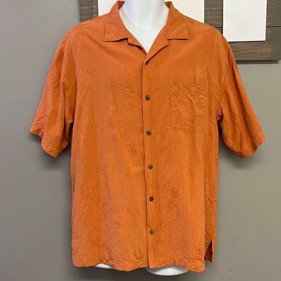 Tommy Bahama Orange Short Sleeve Button Down Tropical Silk Casual Shirt- Large - Picture 1 of 16